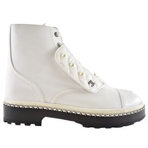 Chanel 18K White Pearl CC Chain Around Combat Lace Up Tie Ankle Short Boots 37